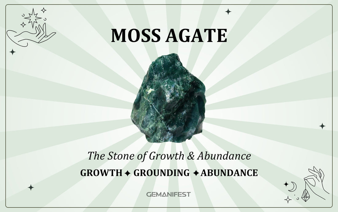 Moss Agate crystal meaning – The Stone of Growth & Abundance, used for prosperity, grounding, and emotional healing.