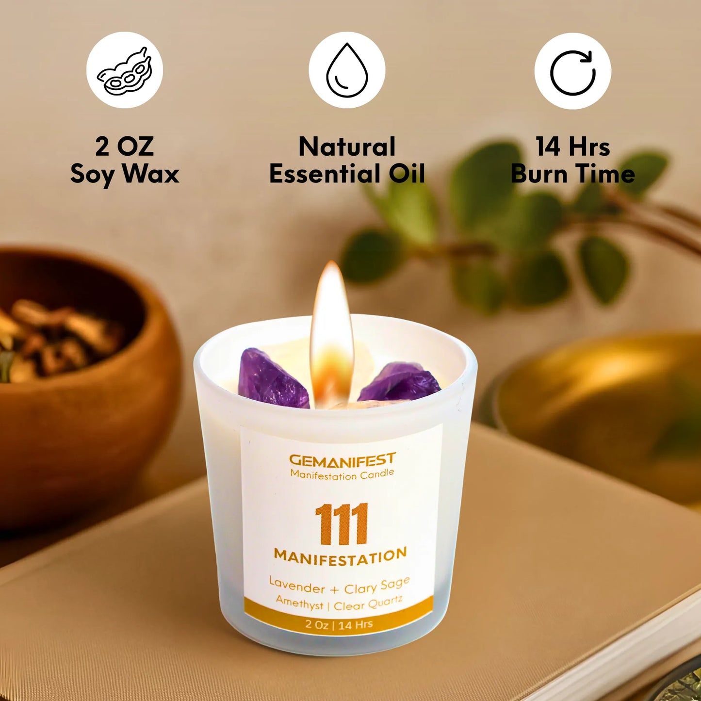 Gemanifest manifestation candle with product details on a neutral background