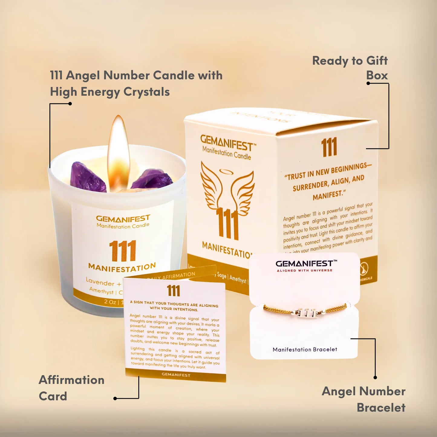 GEMANIFEST 111 Manifestation Candle set with packaging, bracelet, and affirmation card on a beige background.