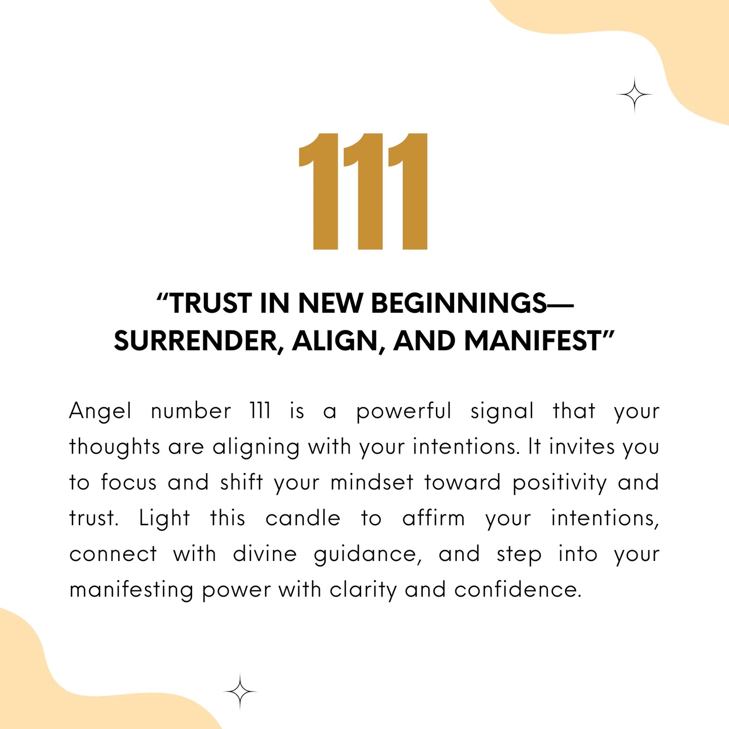 Text about angel number 111 and its significance and what this candle does or helps on a white background with gold accents.