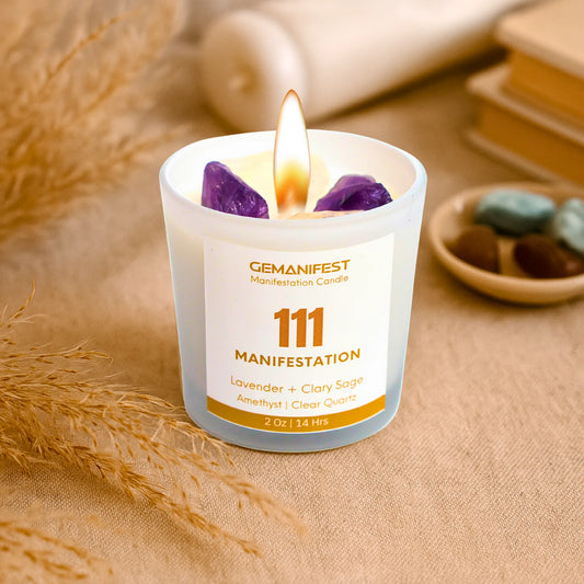 GEMANIFEST manifestation candle with crystals on a beige surface