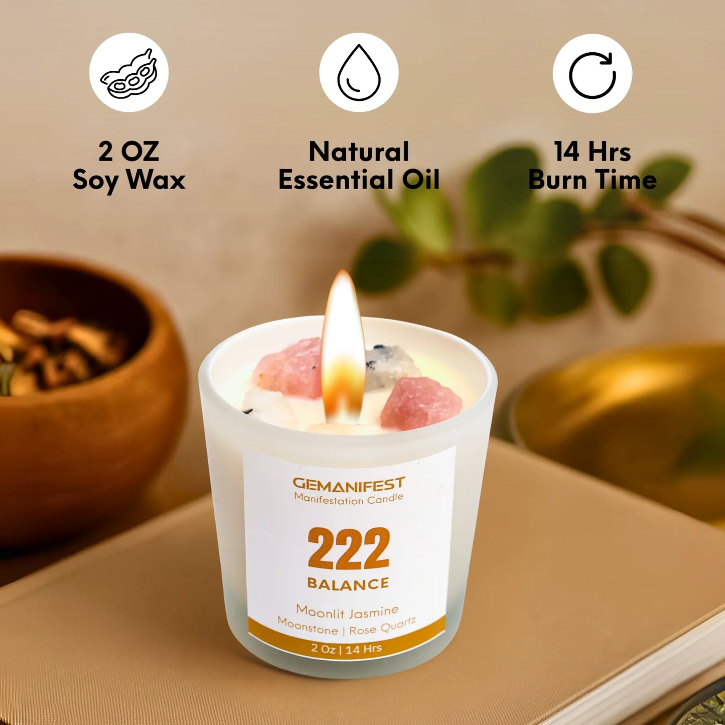 Gemanifest balance candle with product details on a neutral background