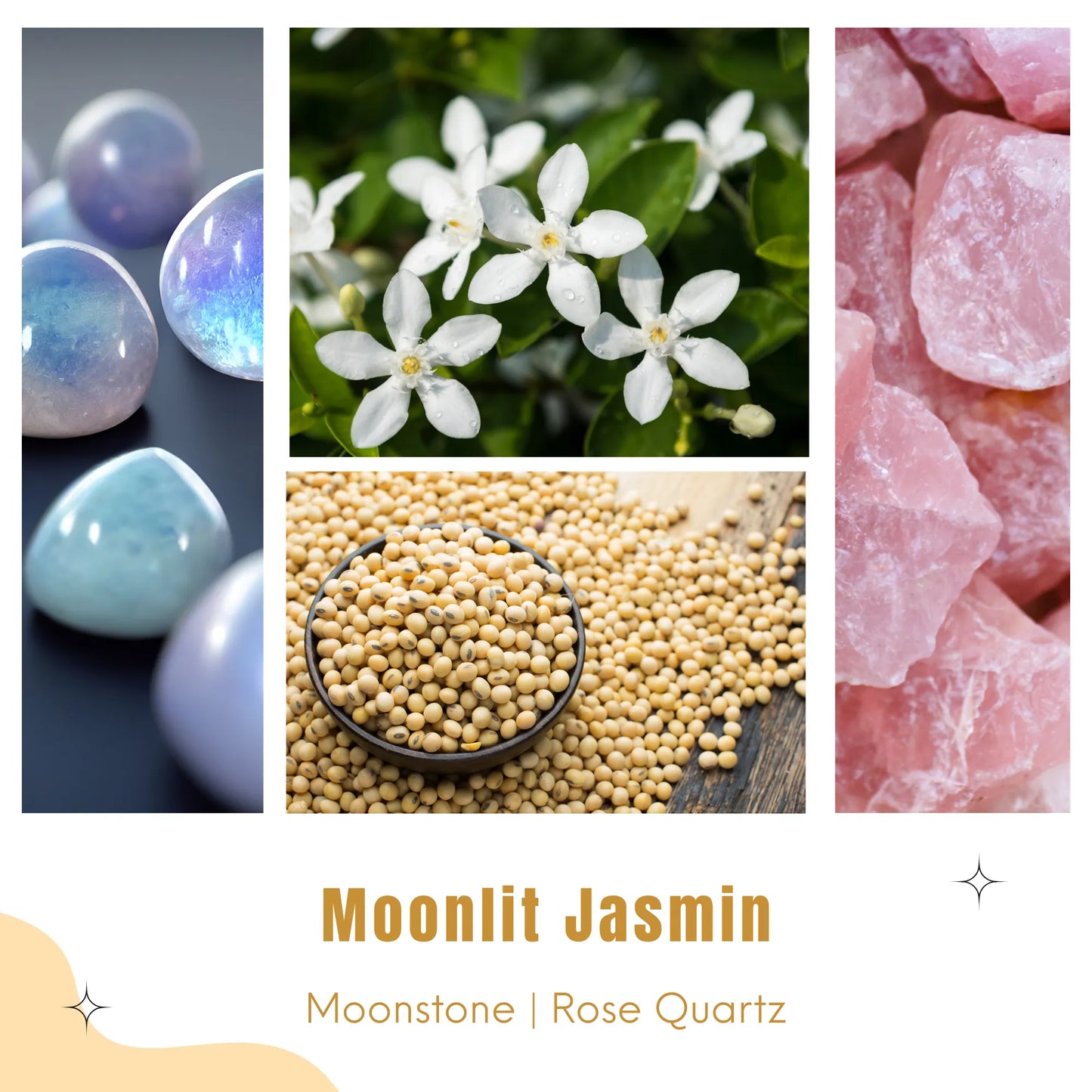 Collage of candle ingredients - moonstone, rose quartz, jasmine flowers, and soy seeds.