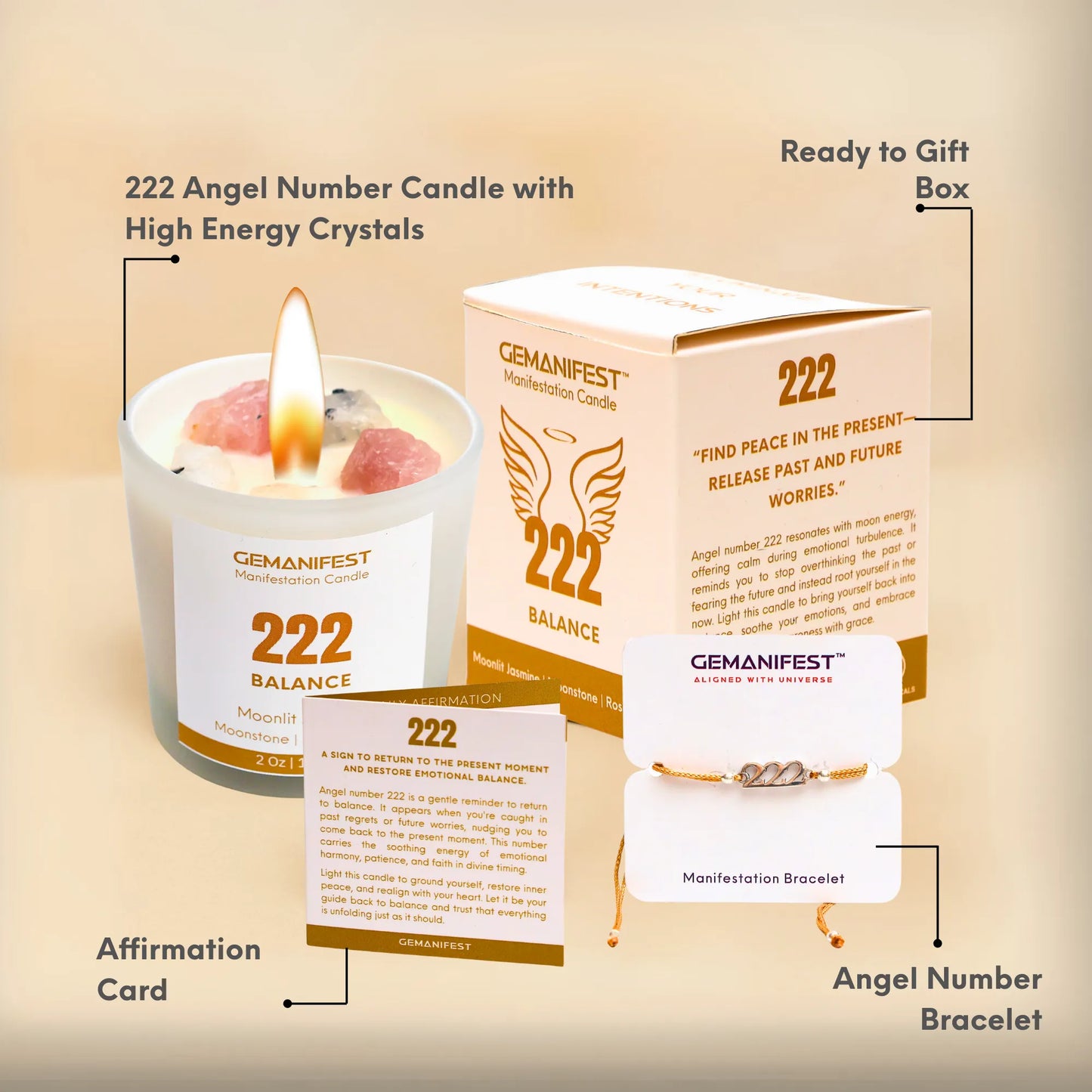 GEMANIFEST 222 Balance candle set with packaging, card, and bracelet on a beige background