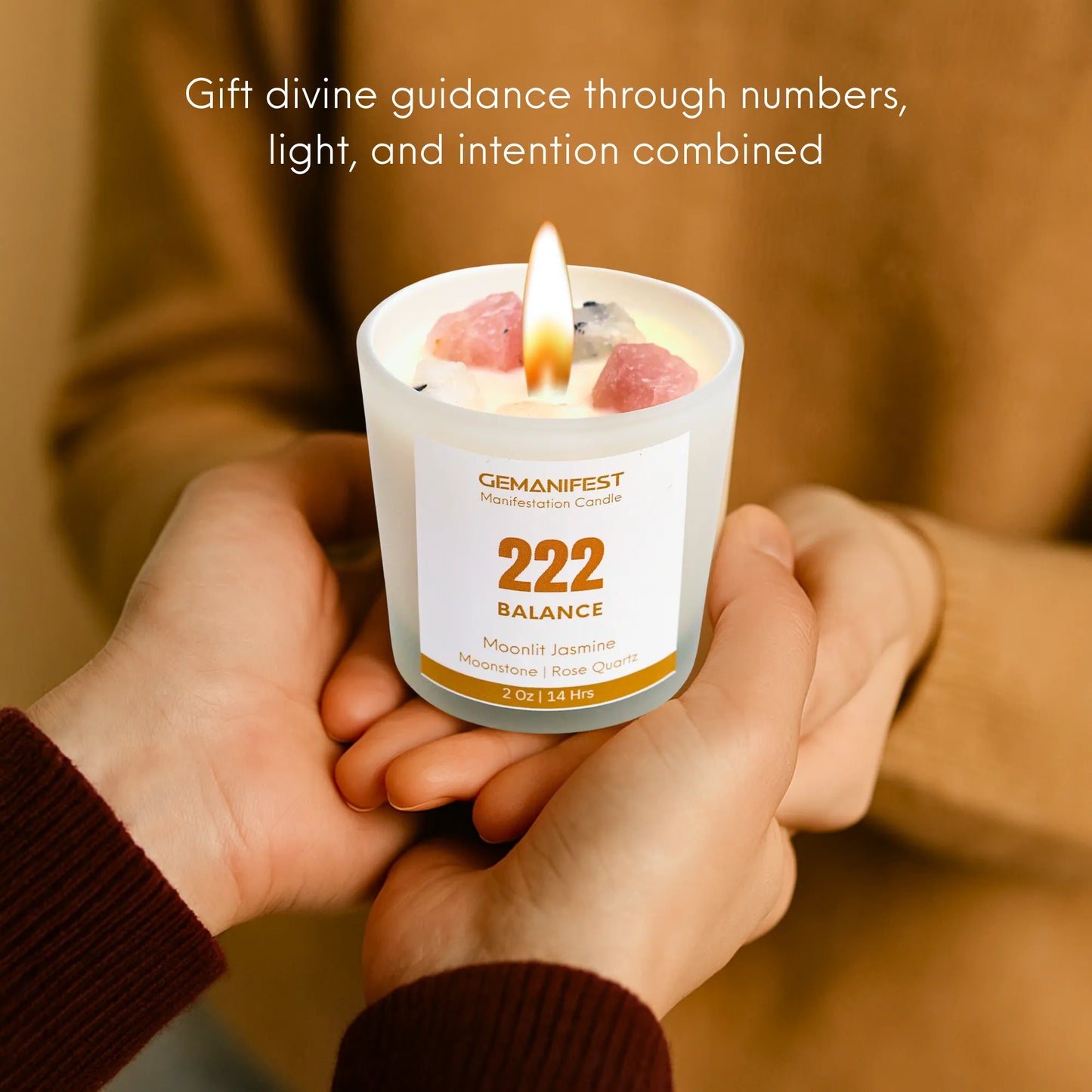 Candle labeled '222 Balance' held by two hands with a blurred background - Perfect Gift for Your Loved Ones