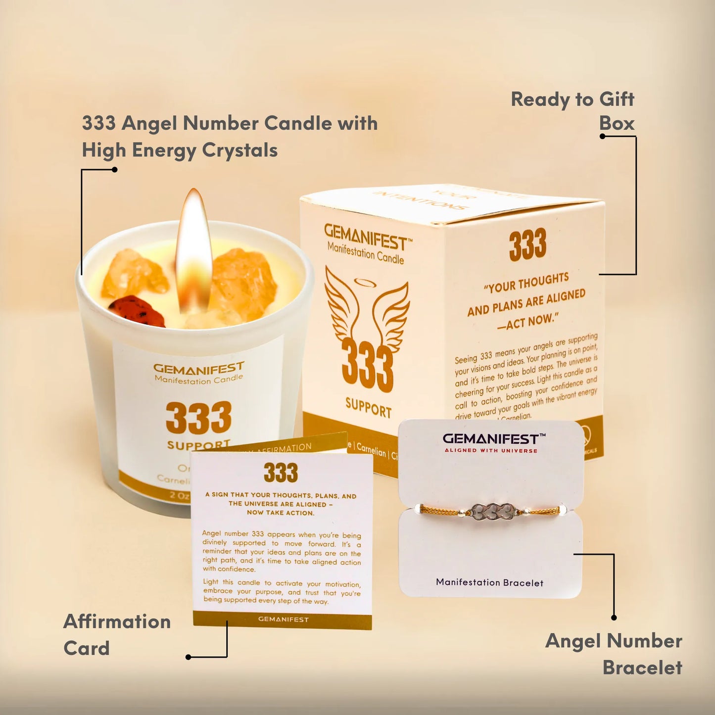 GEMANIFEST 333 Angel Number Candle set with box, candle, bracelet, and affirmation card on a beige background.