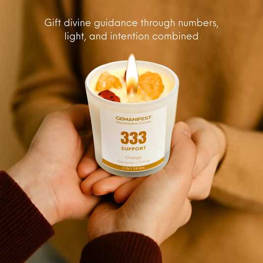 Gemanifest 333 angel number candle on creative background