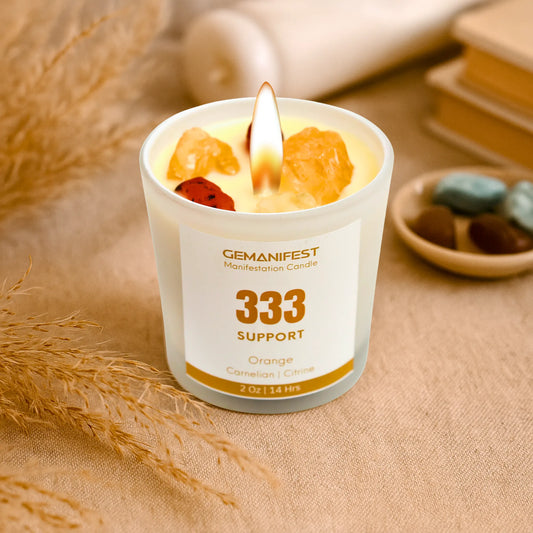 Gemanifest 333 angel number candle on creative background