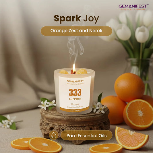Candle with '333 Manifestation Candle' label on a surface with icons and text about soy wax, essential oil, and burn time.