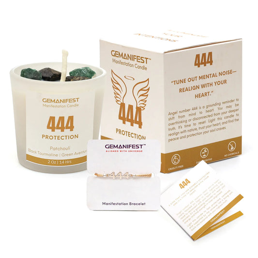 Gemanifest 444 Protection candle with features soy wax, natural essential oil, and 14-hour burn time on a neutral background.
