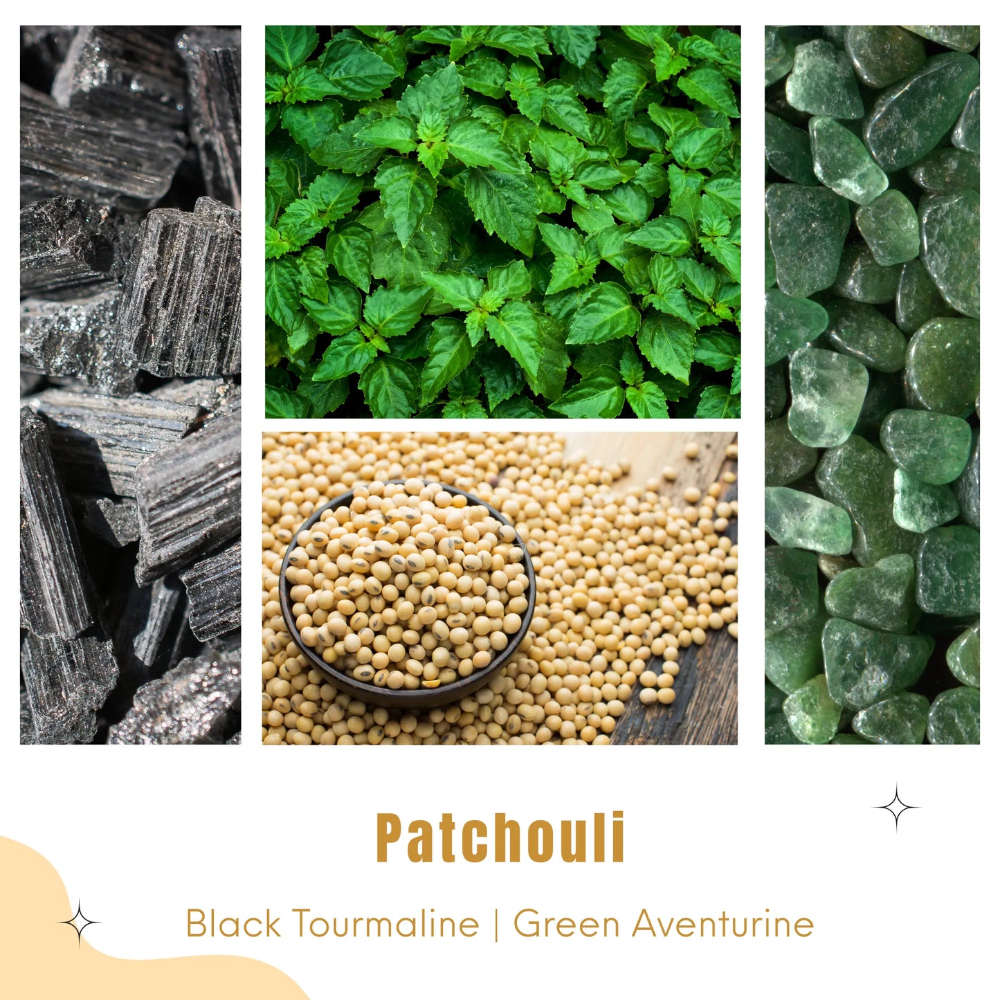 Collage of candle ingredients - black tourmaline, patchouli leaves, green aventurine, and soybeans wax with text.