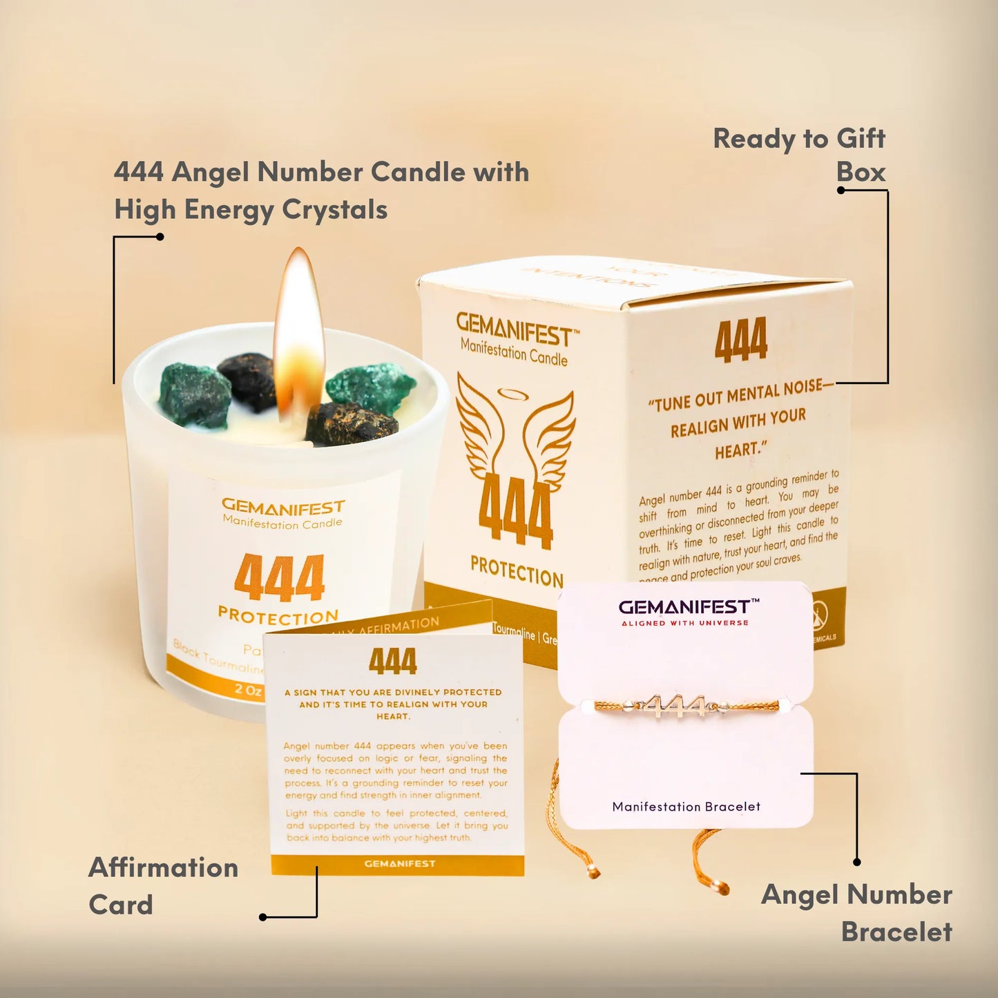 444 Angel Number Candle with packaging, bracelet, and affirmation card on a beige background