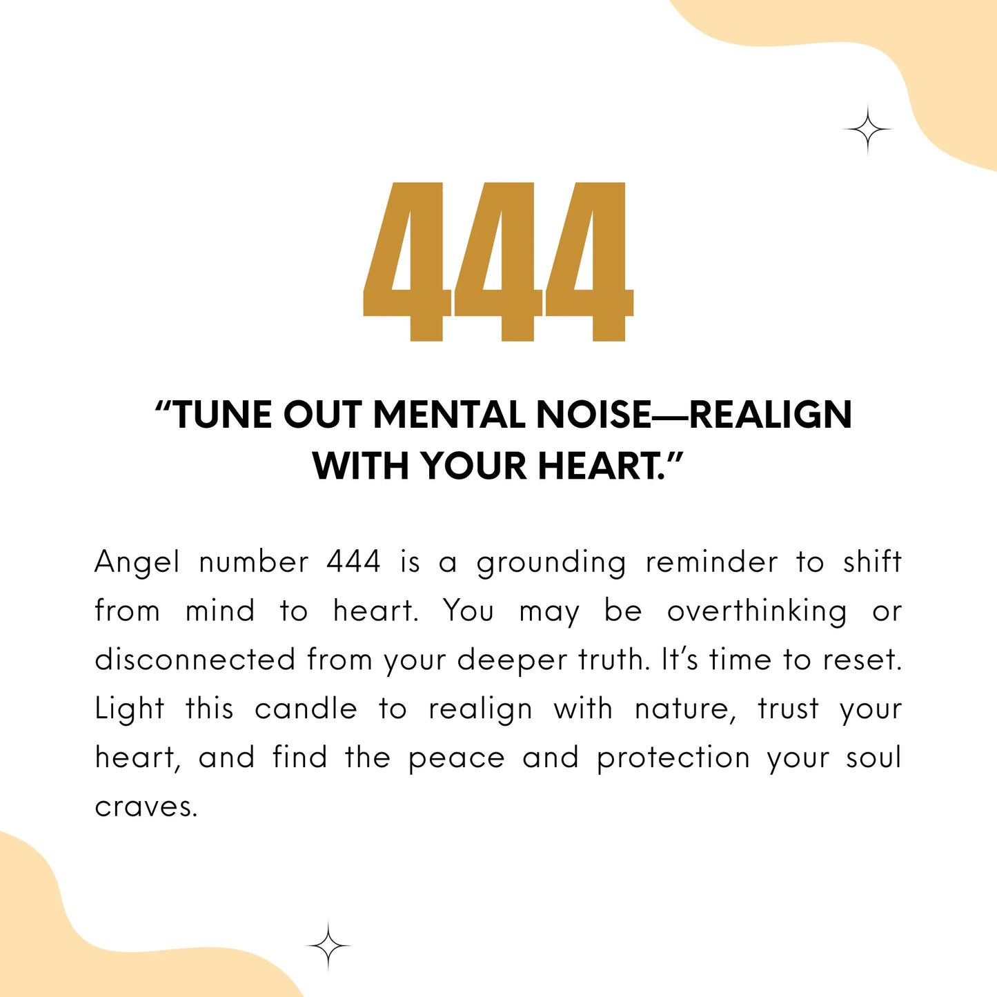 Angel number 444 significance and what and how this candle helps text on white beige background.