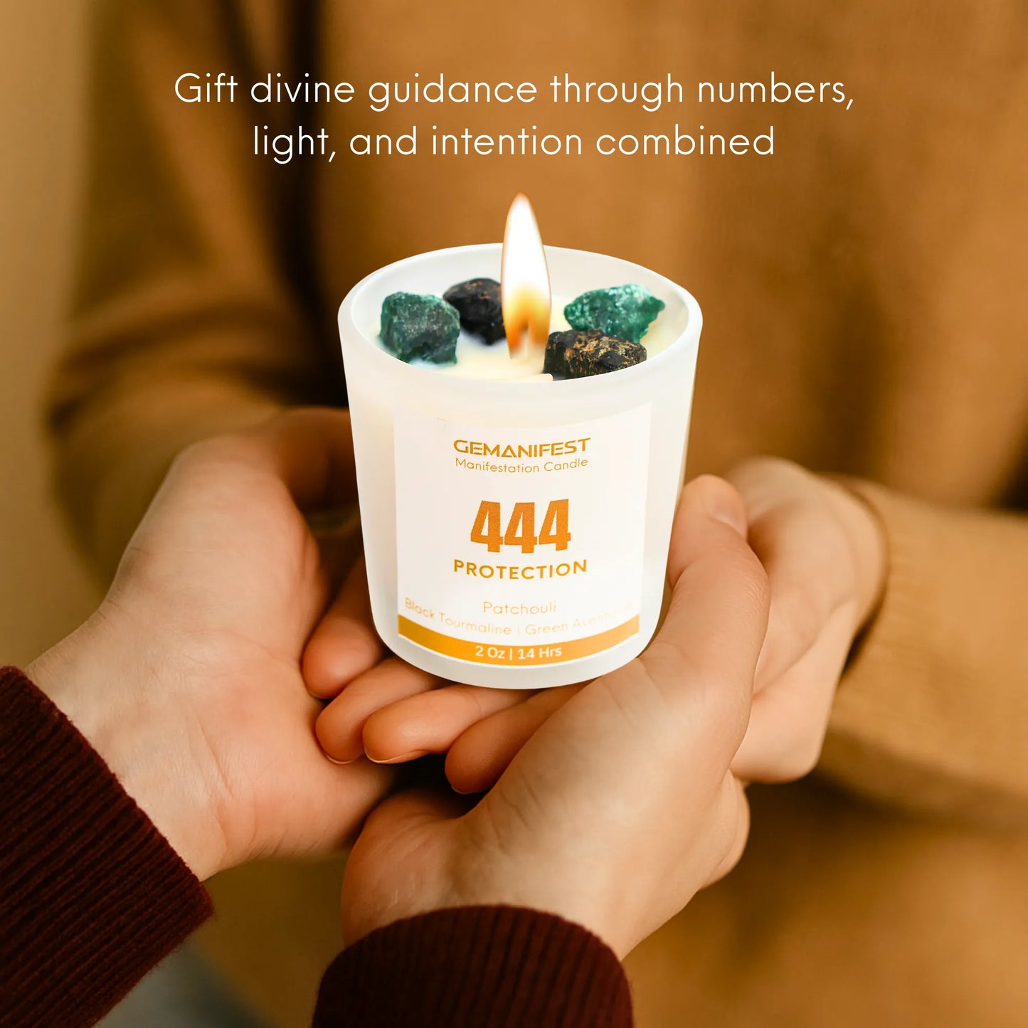 Candle labeled '444 Protection' held by two hands with text about divine guidance.