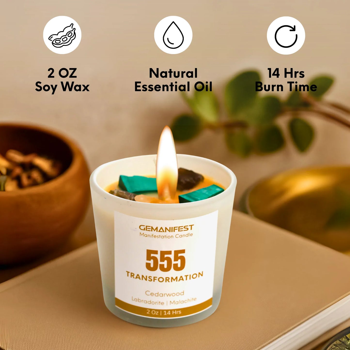 Gemanifest 555 Transformation candle with product details on a neutral background