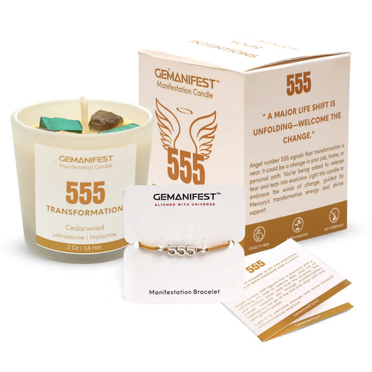 Gemanifest 555 Transformation candle with product details on a neutral background