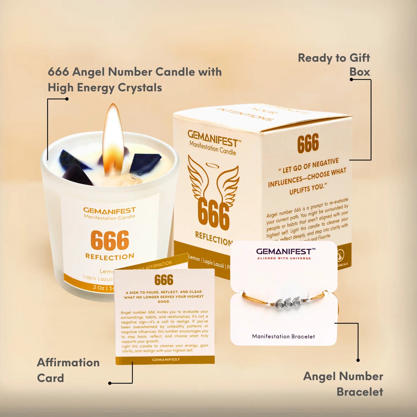 Gemanifest 666 Angel Number candle set with packaging, card, and bracelet on a beige background