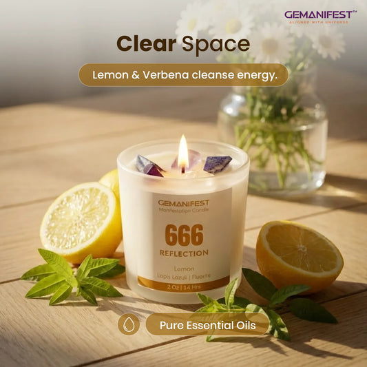 Candle with 'GEMANIFEST' branding on a surface with icons and text about soy wax, essential oil, and burn time.