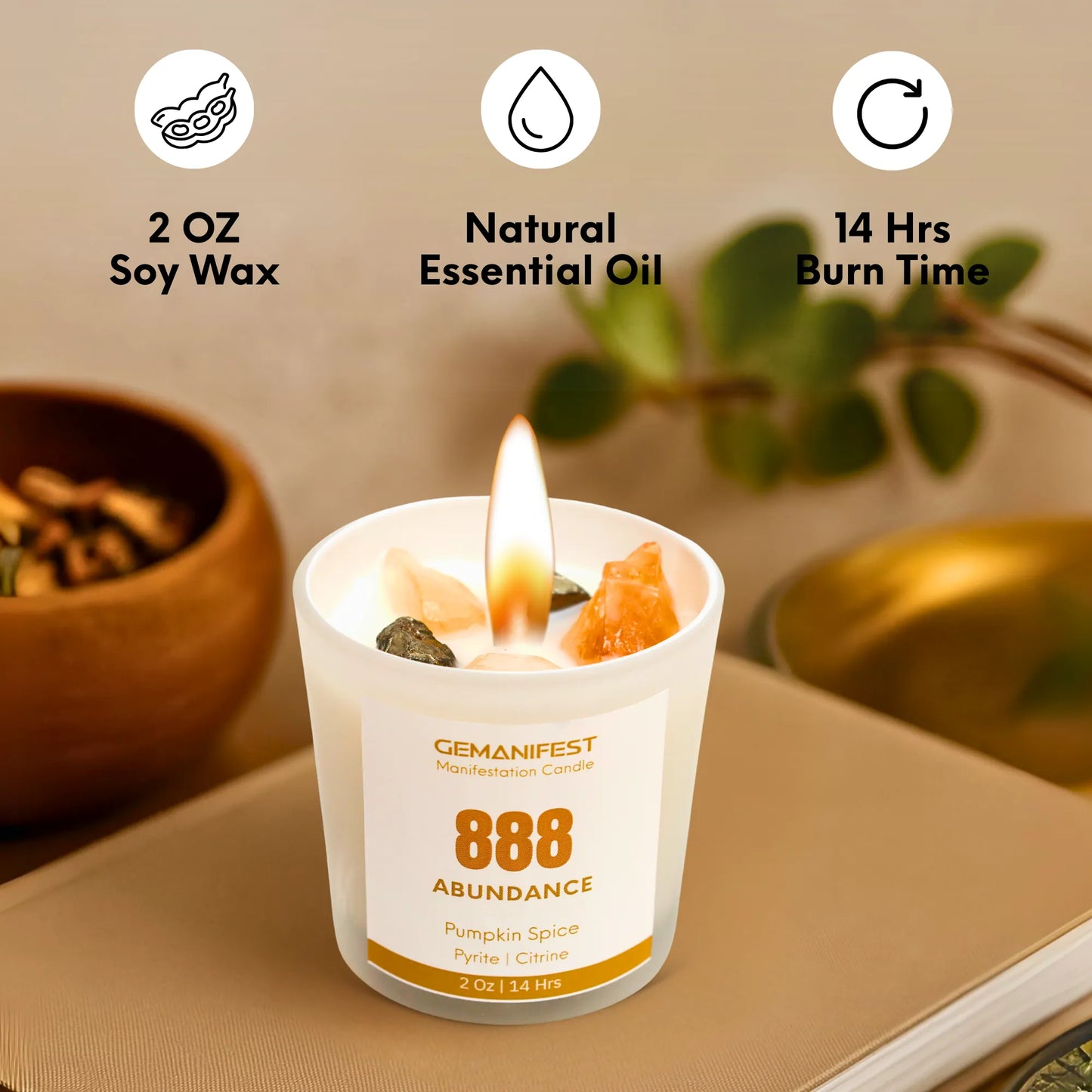 Gemanifest 888 Abundance candle with product details on a neutral background