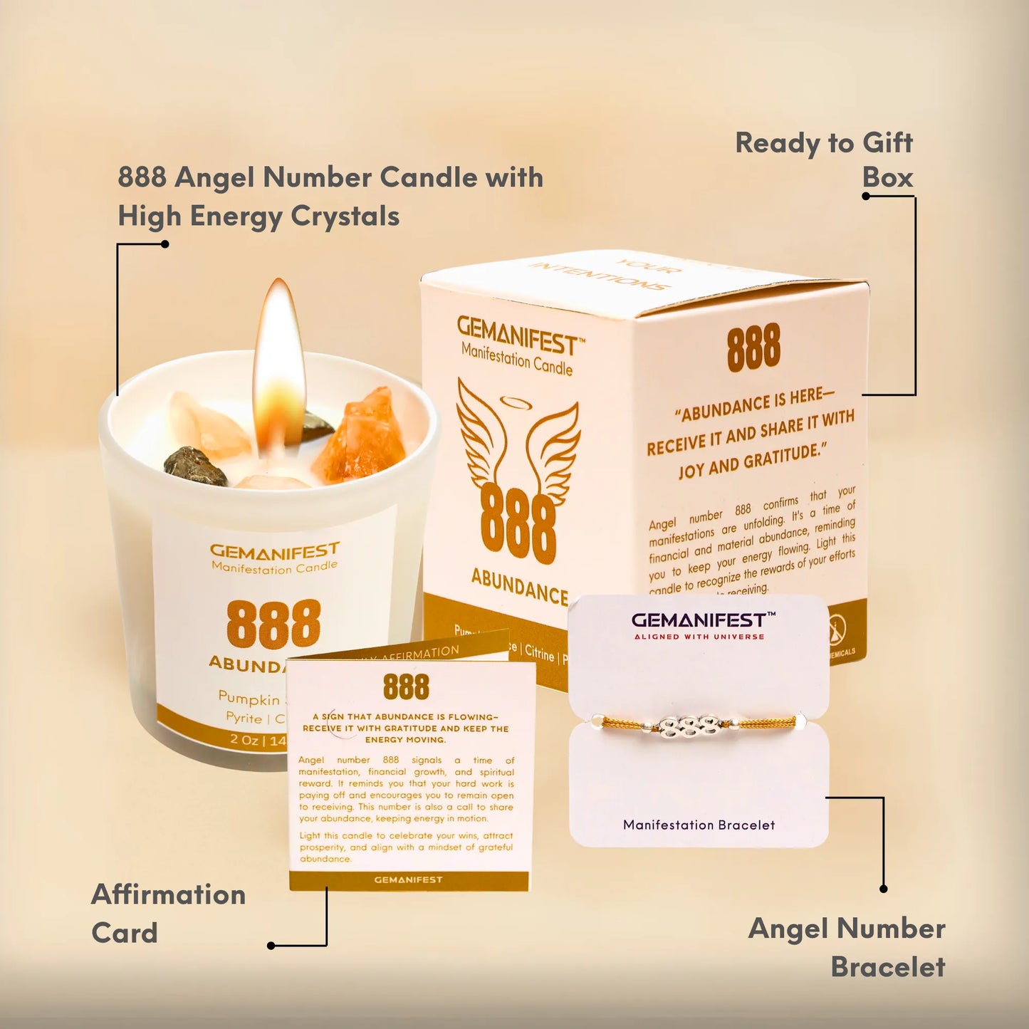 Gemanifest 888 Angel Number Candle set with packaging, candle, bracelet, and affirmation card on a beige background.