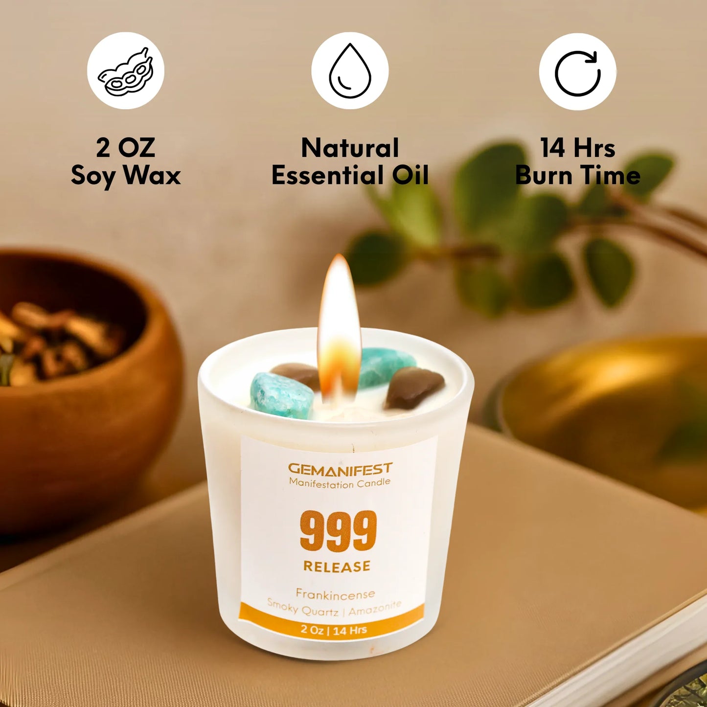 Gemanifest candle features - 2 oz soy wax, natural essential oil, and 14-hour burn time on a neutral background.