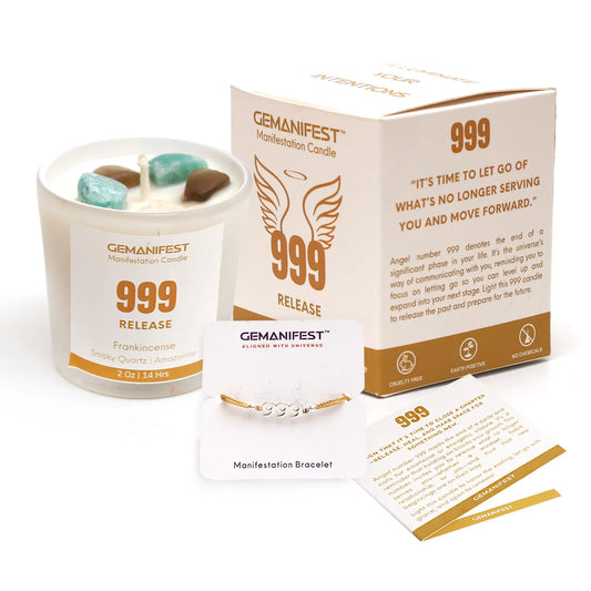Gemanifest candle features - 2 oz soy wax, natural essential oil, and 14-hour burn time on a neutral background.