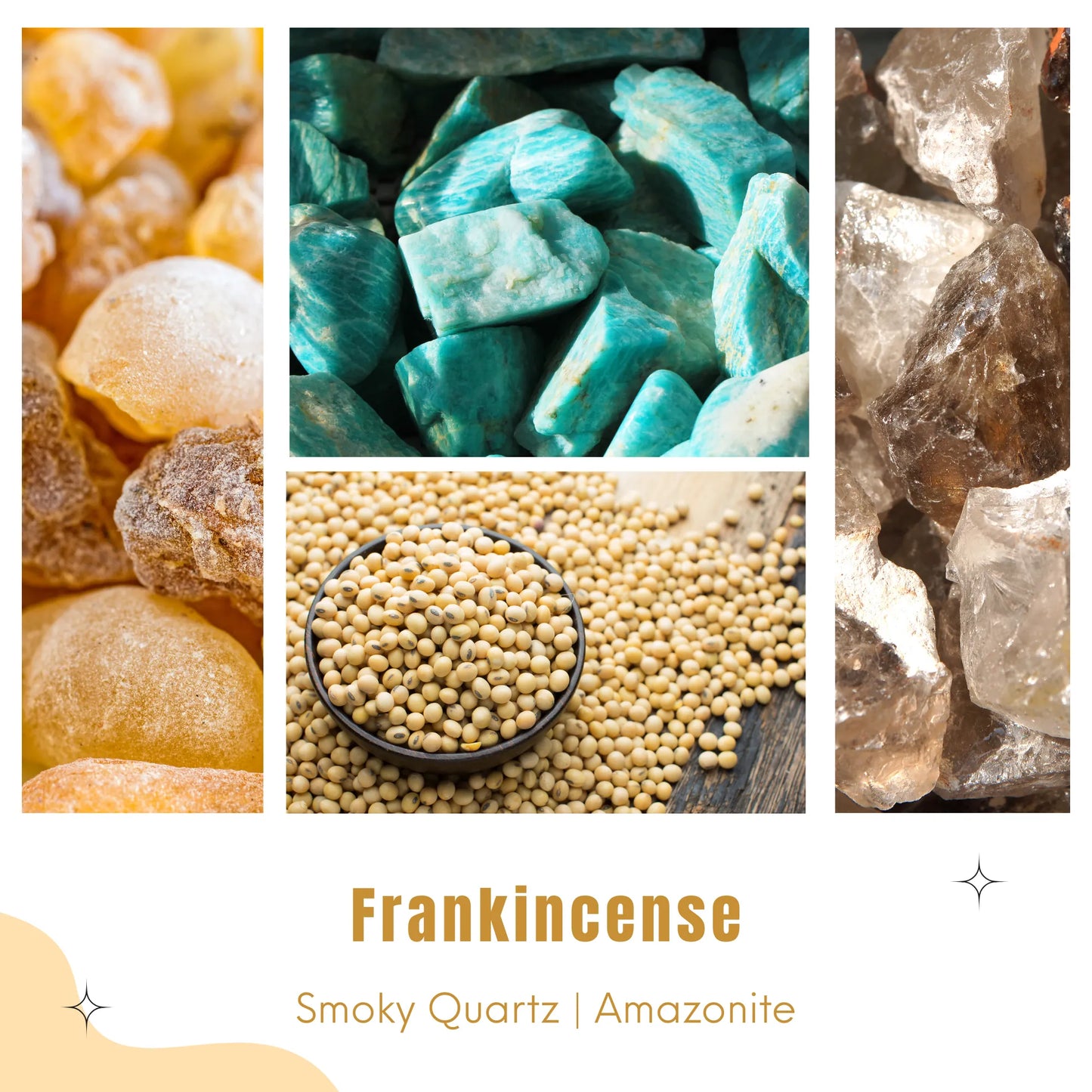 Collage of Candle ingredients - soy wax, frankincense, smoky quartz, and amazonite with a white background.