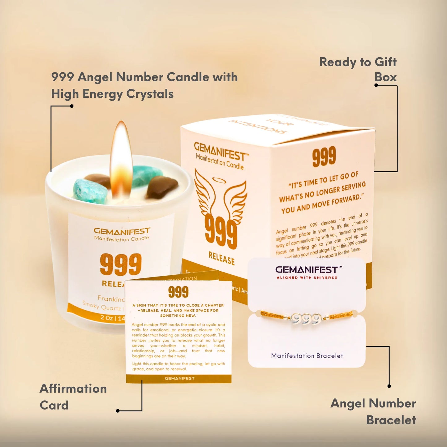Gemanifest 999 Angel Number Candle set with packaging, candle, bracelet, and affirmation card on a beige background.