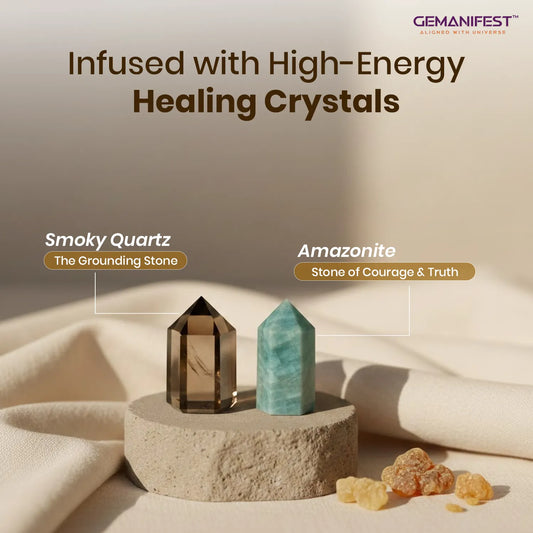Gemanifest candle features - 2 oz soy wax, natural essential oil, and 14-hour burn time on a neutral background.