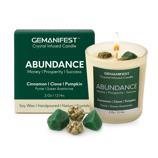 Gemanifest crystal infused candle with packaging on a white background