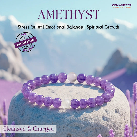 Amethyst bracelet on a stone with Calm background and 'GEMANIFEST' branding