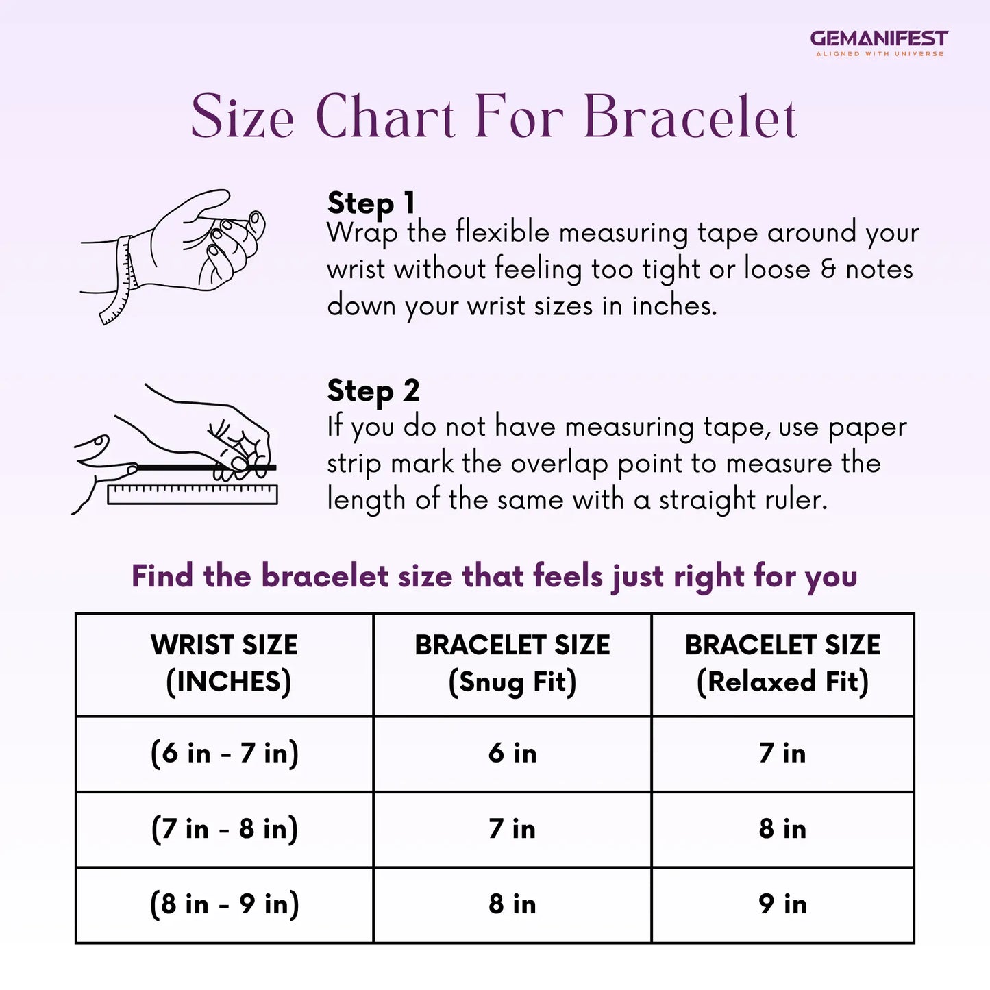 Size chart for Amethyst bracelet with measurement instructions and a GEMANIFEST logo.