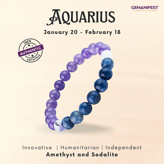 Aquarius bracelet with amethyst and sodalite beads on a beige background