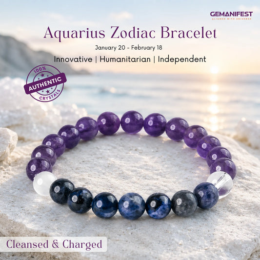 Aquarius bracelet with amethyst and sodalite beads on a beige background