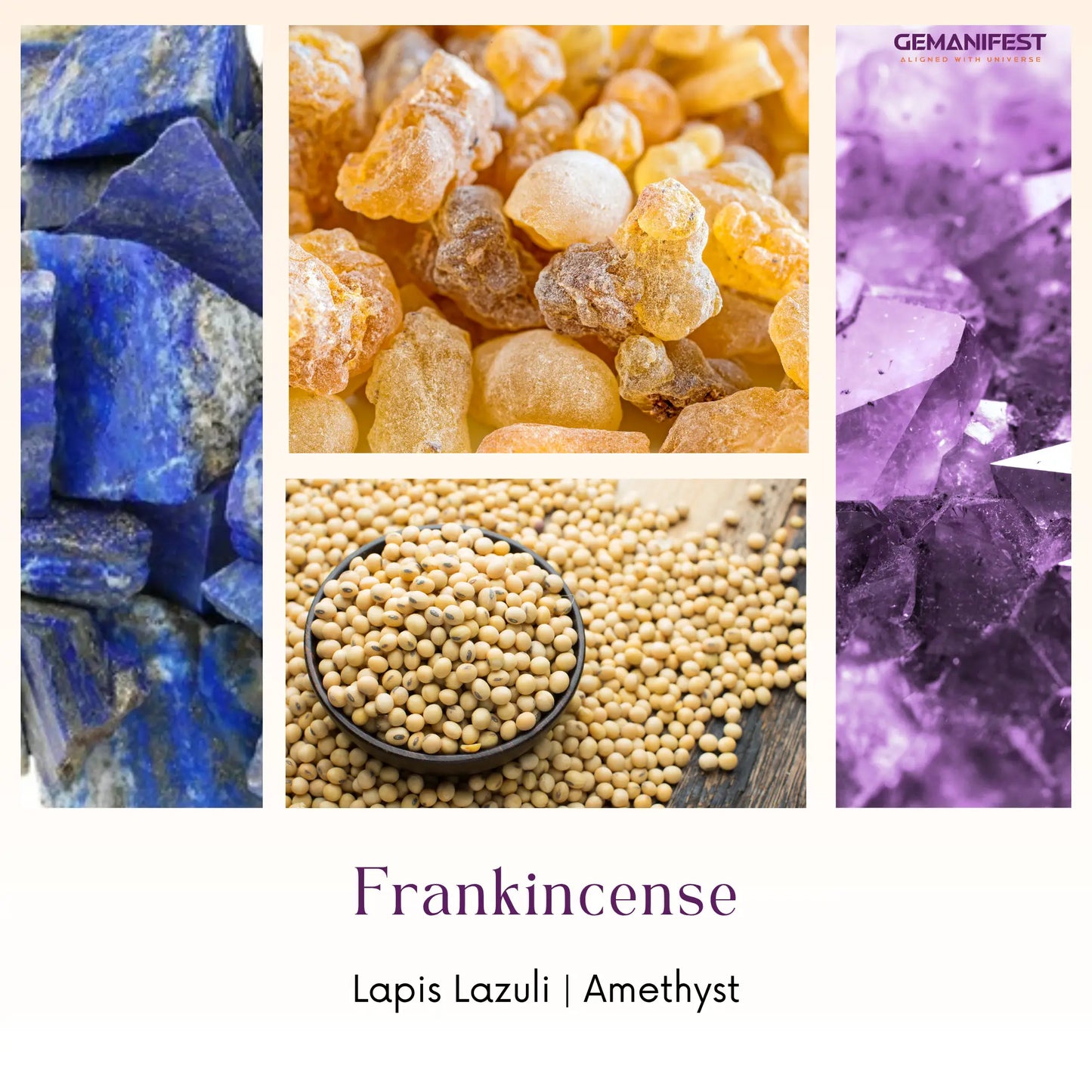 Collage of frankincense, lapis lazuli, and amethyst with 'Gemanifest' branding.