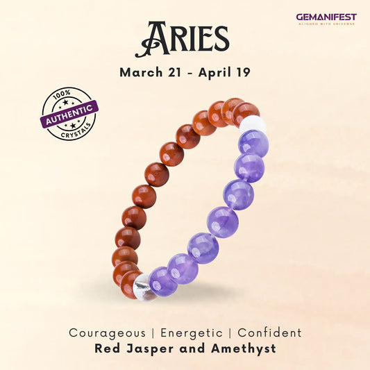 Beaded bracelet with red jasper and amethyst on a beige background, featuring the Aries zodiac sign