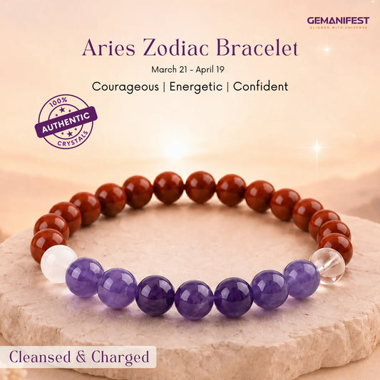 Beaded bracelet with red jasper and amethyst on a beige background, featuring the Aries zodiac sign