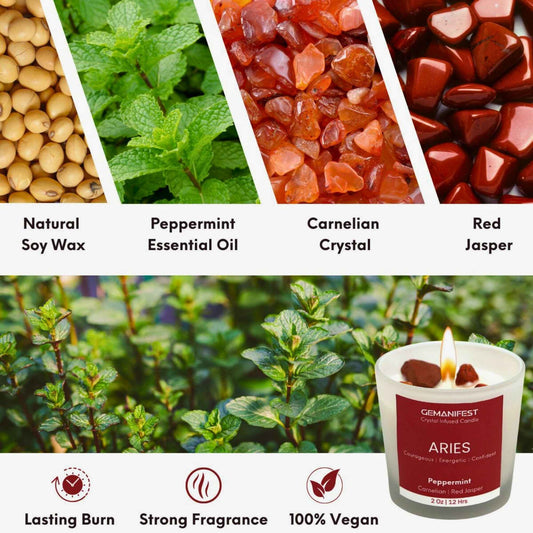 Aries Zodiac Manifestation Candle with Red Jasper and Carnelian crystals and Peppermint Essential Oil for courage and success.