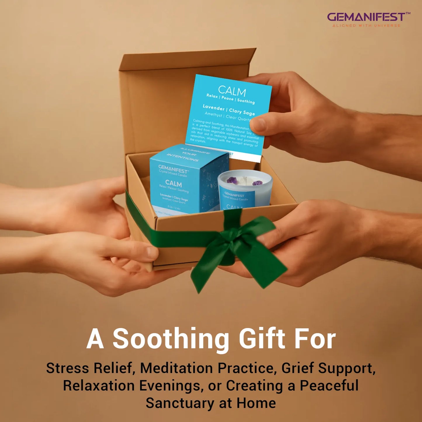 GEMANIFEST gift set with cards and candles being handed over on a beige background