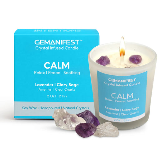 Calm Crystal Infused Candle with amethyst and clear quartz crystals – a soothing manifestation tool for stress relief, meditation, and emotional balance.