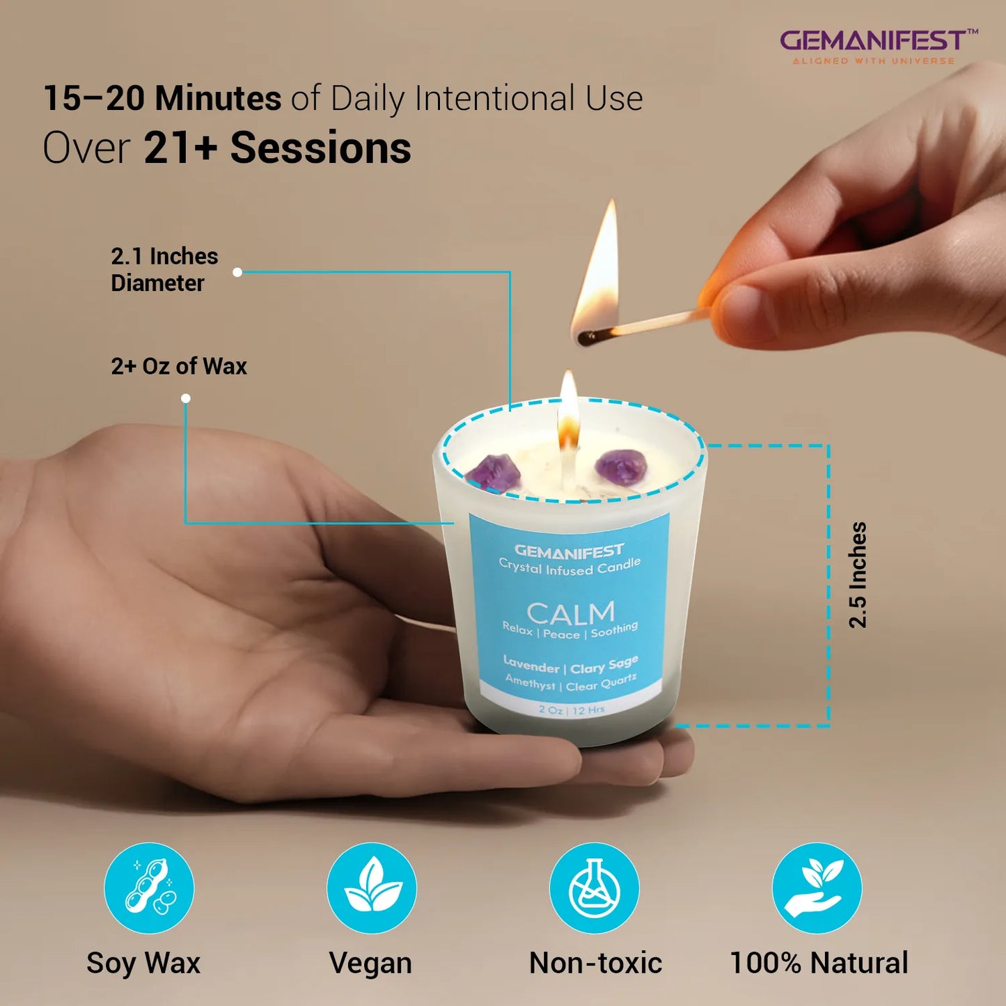 Gemanifest crystal healing candle with dimensions and features highlighted