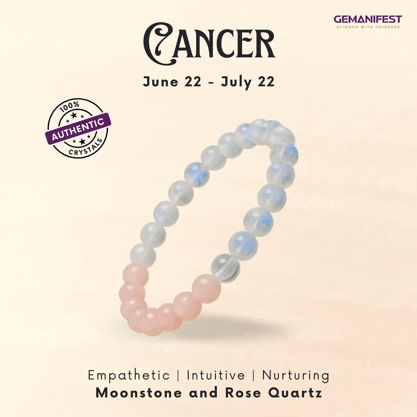 Moonstone and Rose Quartz bracelet with Cancer zodiac information on a light background
