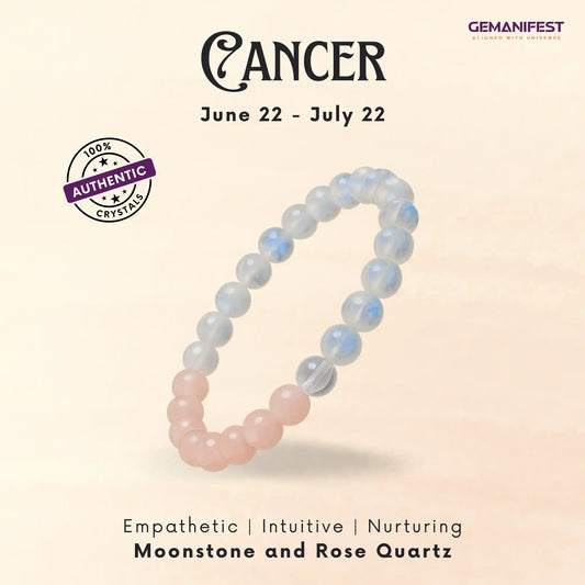 Moonstone and Rose Quartz bracelet with Cancer zodiac information on a light background