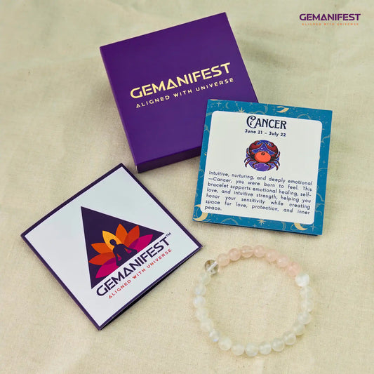 Moonstone and Rose Quartz bracelet with Cancer zodiac information on a light background
