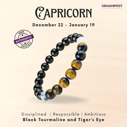 Capricorn bracelet with beads of Black tourmaline and tiger's eye on a beige background