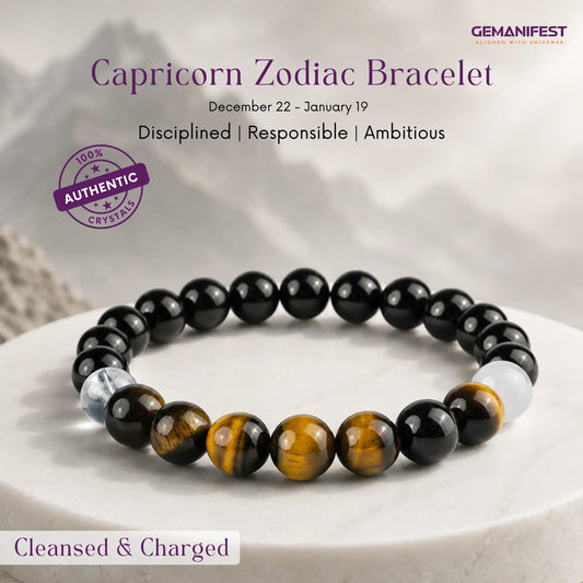 Capricorn bracelet with beads of Black tourmaline and tiger's eye on a beige background