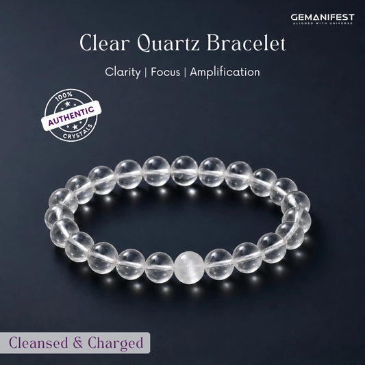 Clear Quartz Bracelet with GEMANIFEST branding on a dark background