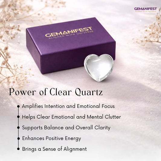 Clear quartz heart and bracelet on Gemanifest cards with text and branding.