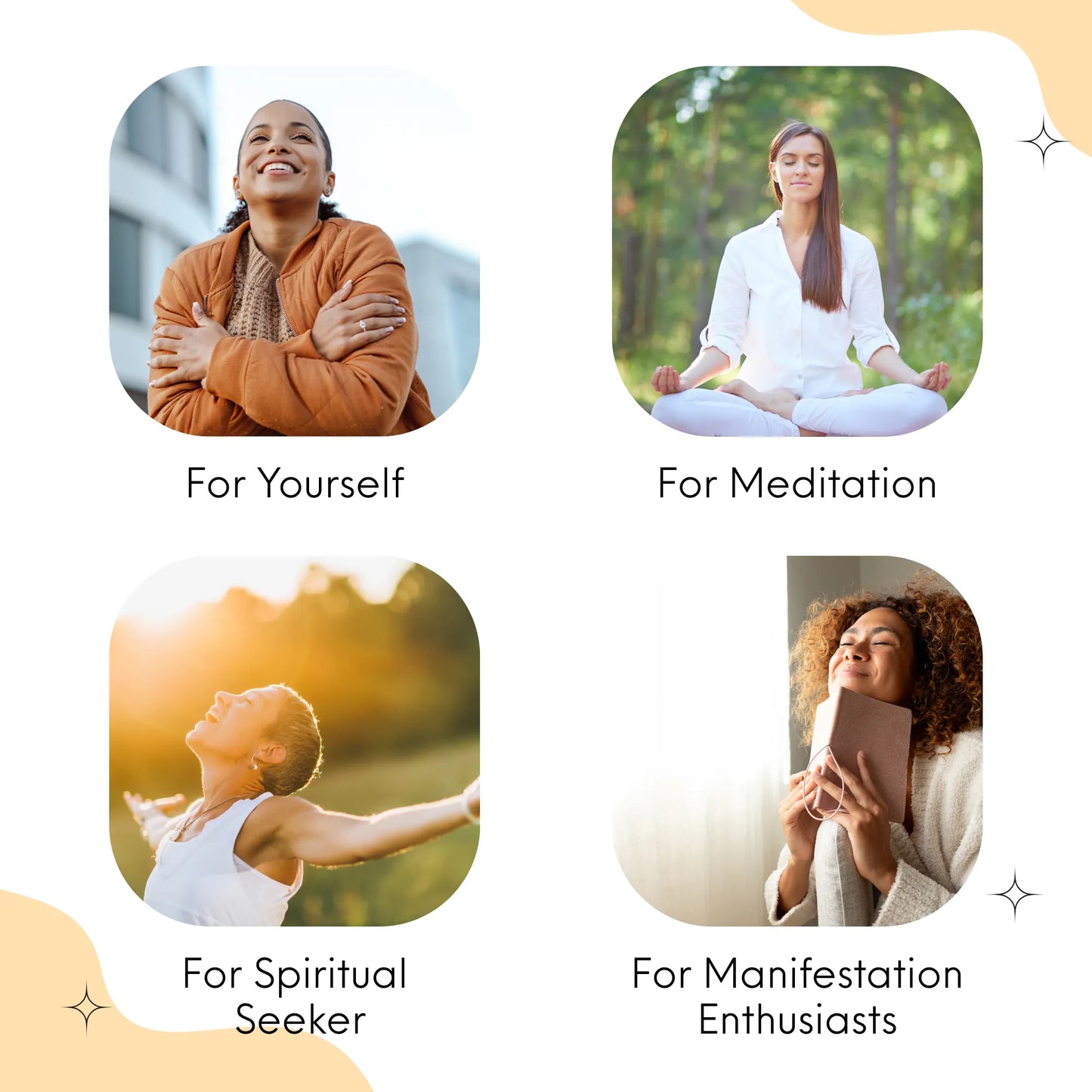 Four images of people engaged in different activities with corresponding text labels on a light background to show the use cases of the candle.
