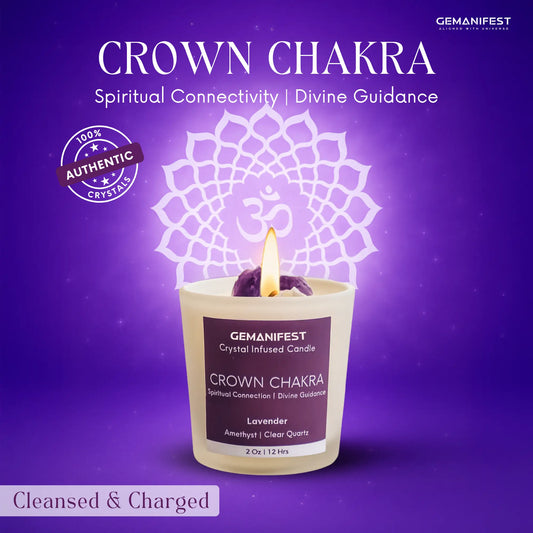Gemanifest Crown Chakra candle with a purple background and brand logo.